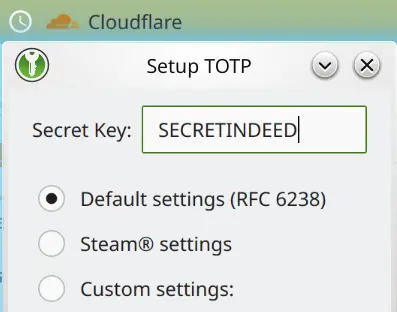KeePass TOTP settings for an entry